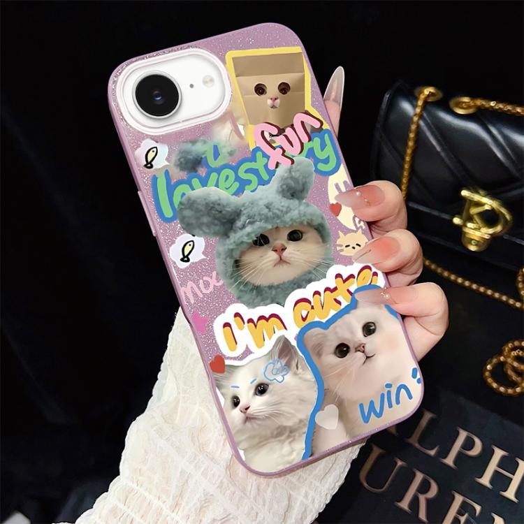 Custodia per telefono ibrida in PC e TPU con glitter e motivo gatti IMD, For iPhone 17e / 16e, For iPhone 17 Pro Max, For iPhone 17 Pro, For iPhone 17, For iPhone Air, For iPhone 16 Pro Max