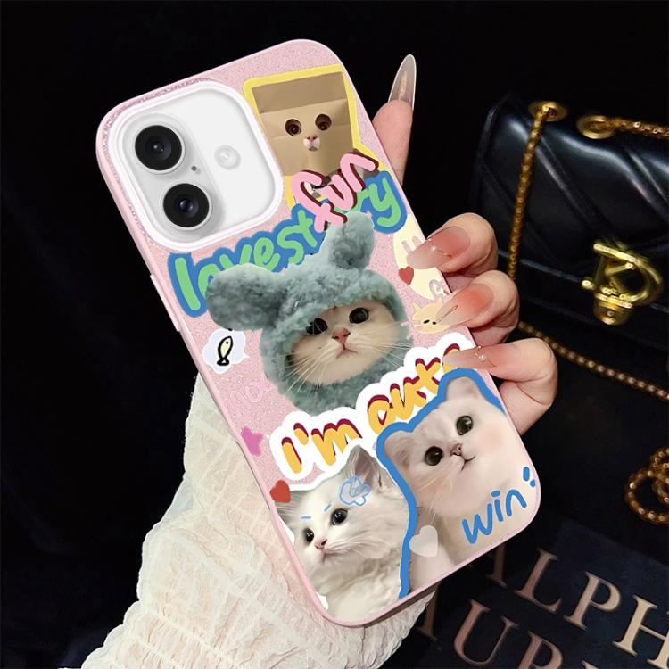 Custodia per telefono ibrida in PC e TPU con glitter e motivo gatti IMD, For iPhone 17e / 16e, For iPhone 17 Pro Max, For iPhone 17 Pro, For iPhone 17, For iPhone Air, For iPhone 16 Pro Max