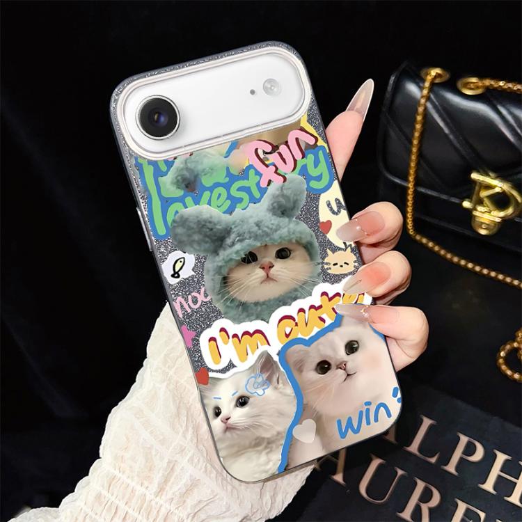 Custodia per telefono ibrida in PC e TPU con glitter e motivo gatti IMD, For iPhone 17e / 16e, For iPhone 17 Pro Max, For iPhone 17 Pro, For iPhone 17, For iPhone Air, For iPhone 16 Pro Max