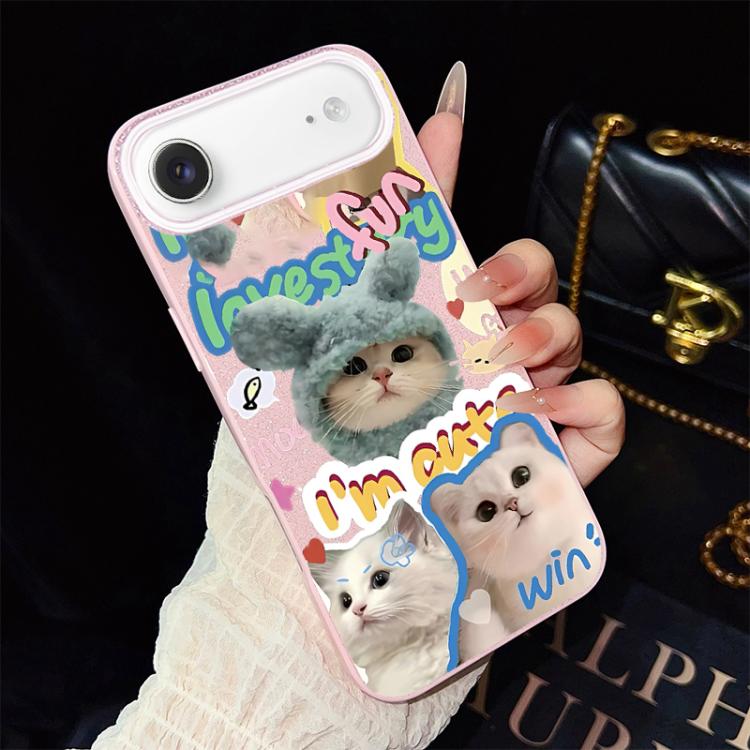 Custodia per telefono ibrida in PC e TPU con glitter e motivo gatti IMD, For iPhone 17e / 16e, For iPhone 17 Pro Max, For iPhone 17 Pro, For iPhone 17, For iPhone Air, For iPhone 16 Pro Max