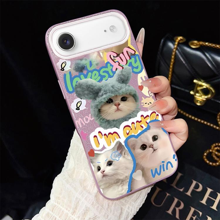 Custodia per telefono ibrida in PC e TPU con glitter e motivo gatti IMD, For iPhone 17e / 16e, For iPhone 17 Pro Max, For iPhone 17 Pro, For iPhone 17, For iPhone Air, For iPhone 16 Pro Max