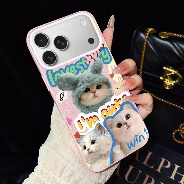 Custodia per telefono ibrida in PC e TPU con glitter e motivo gatti IMD, For iPhone 17e / 16e, For iPhone 17 Pro Max, For iPhone 17 Pro, For iPhone 17, For iPhone Air, For iPhone 16 Pro Max