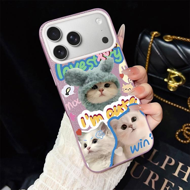 Custodia per telefono ibrida in PC e TPU con glitter e motivo gatti IMD, For iPhone 17e / 16e, For iPhone 17 Pro Max, For iPhone 17 Pro, For iPhone 17, For iPhone Air, For iPhone 16 Pro Max