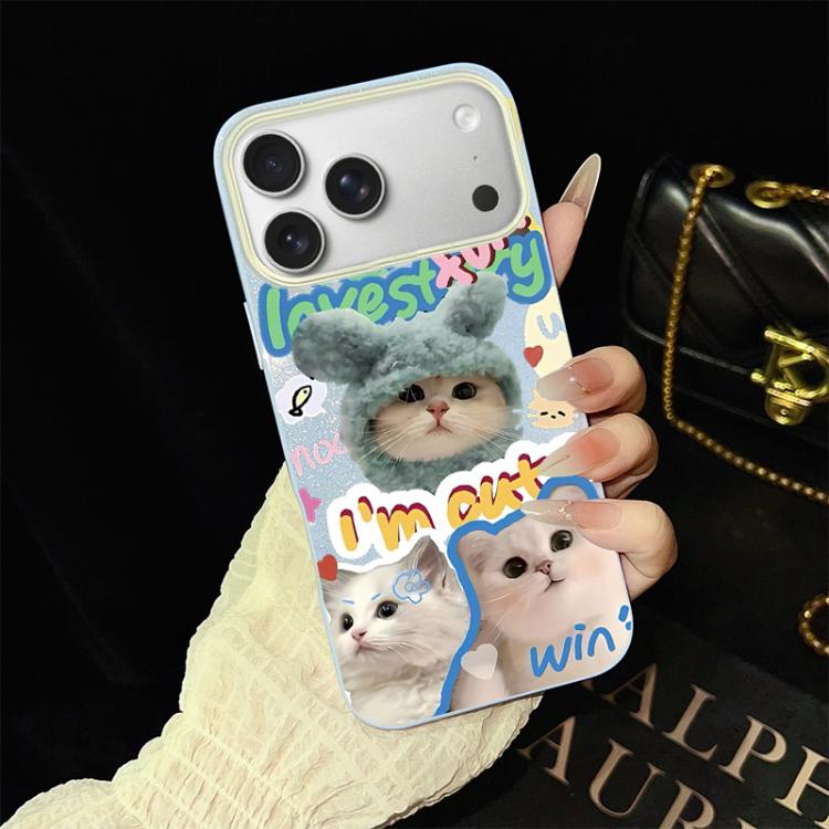 Custodia per telefono ibrida in PC e TPU con glitter e motivo gatti IMD, For iPhone 17e / 16e, For iPhone 17 Pro Max, For iPhone 17 Pro, For iPhone 17, For iPhone Air, For iPhone 16 Pro Max