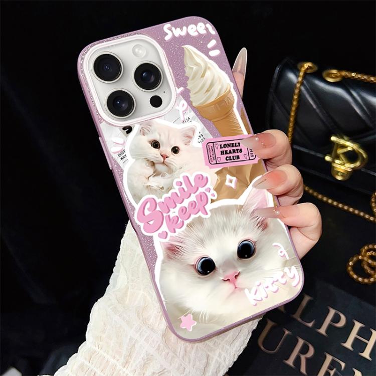 Custodia per telefono ibrida in PC e TPU con motivo gatti gelato IMD glitterata, For iPhone 16 Pro, For iPhone 16 Plus, For iPhone 16, For iPhone 15 Pro Max, For iPhone 15 Pro, For iPhone 15 Plus