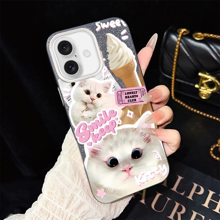 Custodia per telefono ibrida in PC e TPU con motivo gatti gelato IMD glitterata, For iPhone 16 Pro, For iPhone 16 Plus, For iPhone 16, For iPhone 15 Pro Max, For iPhone 15 Pro, For iPhone 15 Plus