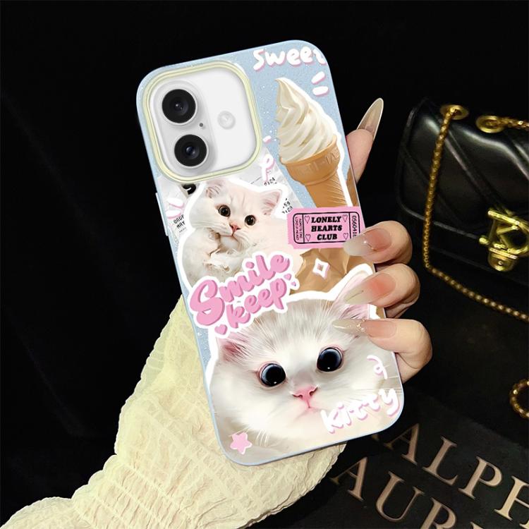 Custodia per telefono ibrida in PC e TPU con motivo gatti gelato IMD glitterata, For iPhone 17e / 16e, For iPhone 17 Pro Max, For iPhone 17 Pro, For iPhone 17, For iPhone Air, For iPhone 16 Pro Max