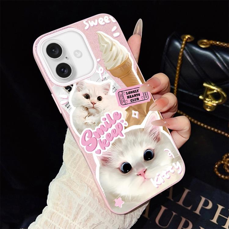 Custodia per telefono ibrida in PC e TPU con motivo gatti gelato IMD glitterata, For iPhone 17e / 16e, For iPhone 17 Pro Max, For iPhone 17 Pro, For iPhone 17, For iPhone Air, For iPhone 16 Pro Max