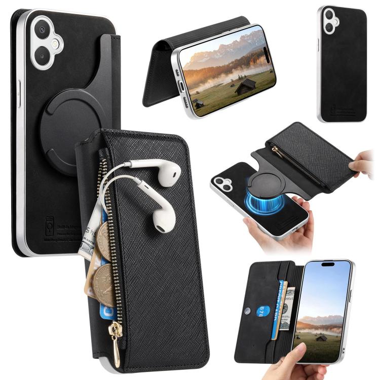 Custodia per telefono CaseNeo con cerniera magnetica a portafoglio e fori di precisione, bordi argentati e finitura in pelle vegana a grana incrociata., For Galaxy A37 5G, For Galaxy A06 5G, For Galaxy A56 5G
