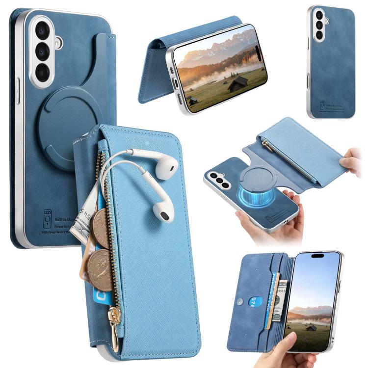 Custodia per telefono CaseNeo con cerniera magnetica a portafoglio e fori di precisione, bordi argentati e finitura in pelle vegana a grana incrociata., For Galaxy A55 5G, For Galaxy A35 5G, For Galaxy A15