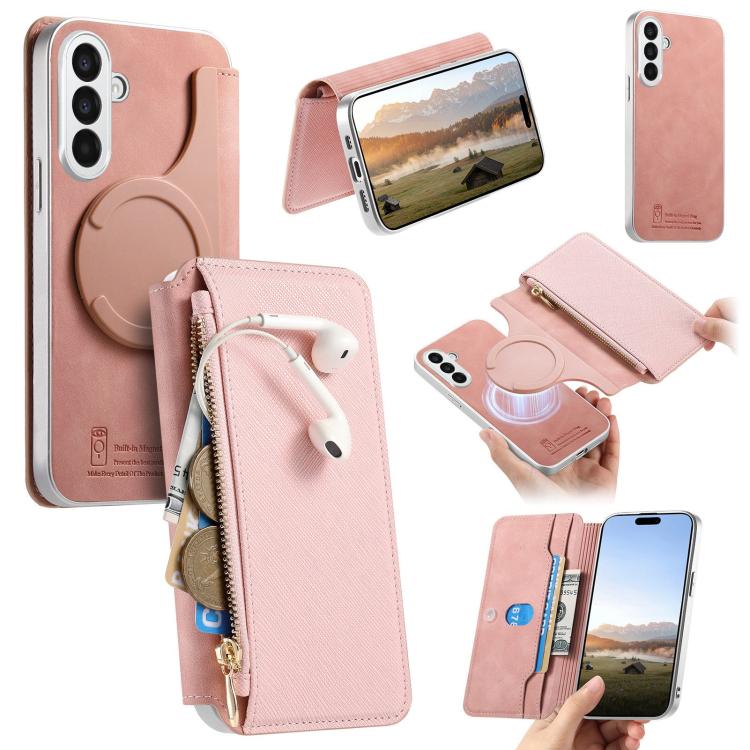 Custodia per telefono CaseNeo con cerniera magnetica a portafoglio e fori di precisione, bordi argentati e finitura in pelle vegana a grana incrociata., For Galaxy A26 5G, For Galaxy A36 5G, For Galaxy A16 5G