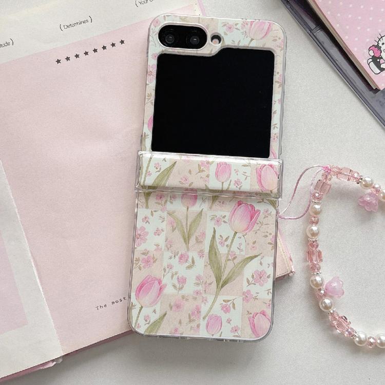 Custodia magnetica antiurto per telefono con motivo tulipani rosa e cinturino, For Galaxy Z Flip5/6 / 7 FE, For Galaxy Z Flip7 5G