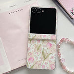 Custodia magnetica antiurto per telefono con motivo tulipani rosa e cinturino, For Galaxy Z Flip5/6 / 7 FE, For Galaxy Z Flip7 5G