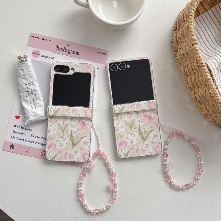 Custodia magnetica antiurto per telefono con motivo tulipani rosa e cinturino, For Galaxy Z Flip5/6 / 7 FE, For Galaxy Z Flip7 5G