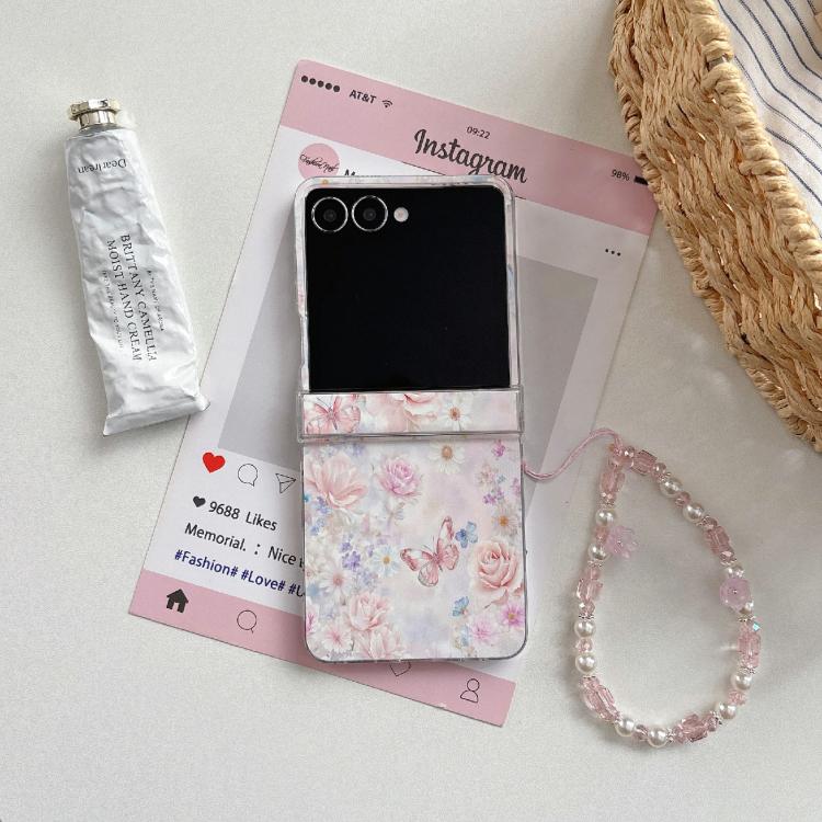 Custodia magnetica antiurto per telefono con cinturino e motivo floreale e farfalla., For Galaxy Z Flip5/6 / 7 FE, For Galaxy Z Flip7 5G