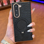 Custodia per telefono con supporto girevole in vera pelle con texture coccodrillo., For Galaxy Z Fold7 5G, For Galaxy Z Fold6, For Galaxy Z Fold5