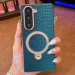 Custodia per telefono con supporto girevole in vera pelle con texture coccodrillo., For Galaxy Z Fold7 5G, For Galaxy Z Fold6, For Galaxy Z Fold5