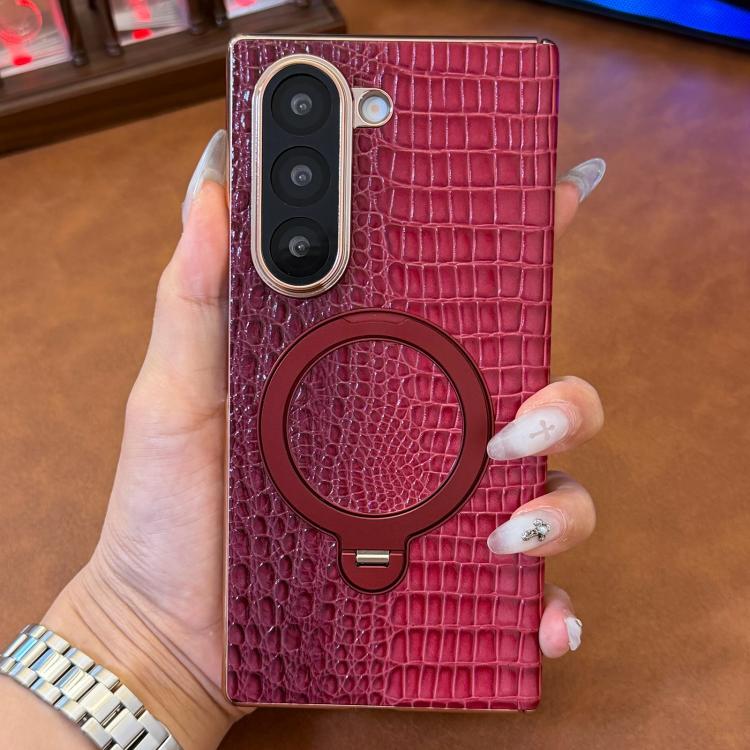 Custodia per telefono con supporto girevole in vera pelle con texture coccodrillo., For Galaxy Z Fold7 5G, For Galaxy Z Fold6, For Galaxy Z Fold5