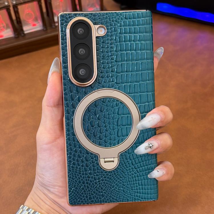 Custodia per telefono con supporto girevole in vera pelle con texture coccodrillo., For Galaxy Z Fold7 5G, For Galaxy Z Fold6, For Galaxy Z Fold5