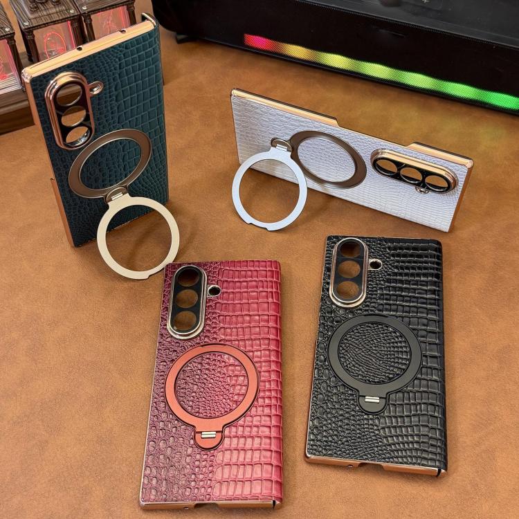 Custodia per telefono con supporto girevole in vera pelle con texture coccodrillo., For Galaxy Z Fold7 5G, For Galaxy Z Fold6, For Galaxy Z Fold5