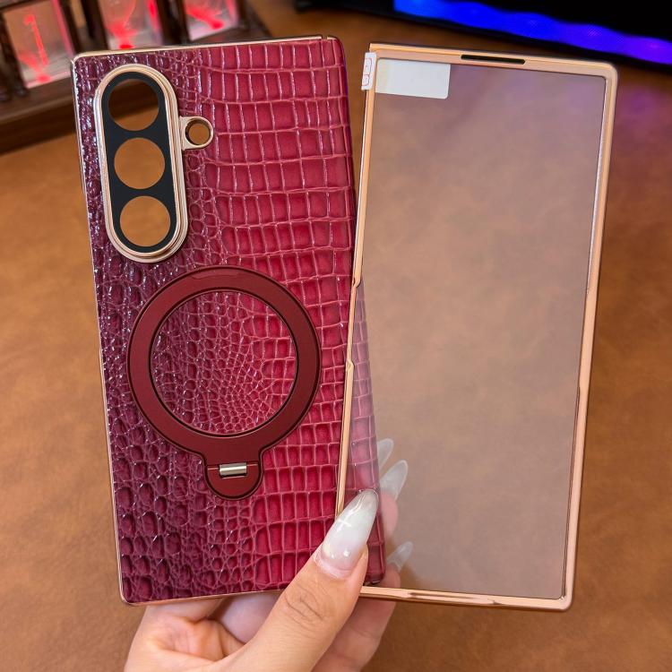 Custodia per telefono con supporto girevole e texture effetto coccodrillo integrata in vera pelle., For Galaxy Z Fold7 5G, For Galaxy Z Fold6, For Galaxy Z Fold5