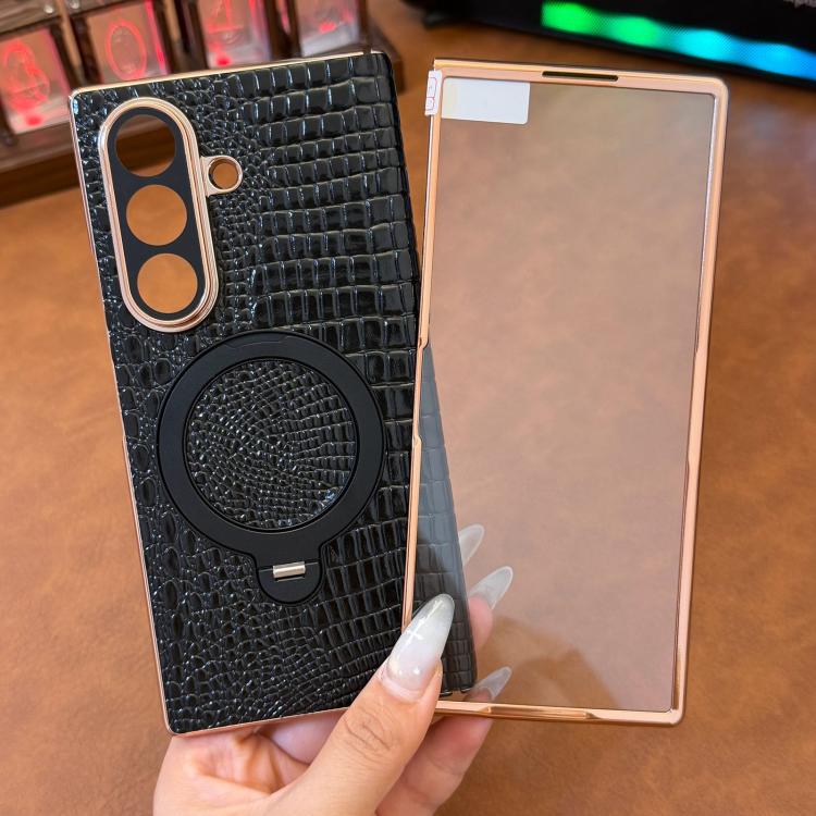 Custodia per telefono con supporto girevole e texture effetto coccodrillo integrata in vera pelle., For Galaxy Z Fold7 5G, For Galaxy Z Fold6, For Galaxy Z Fold5