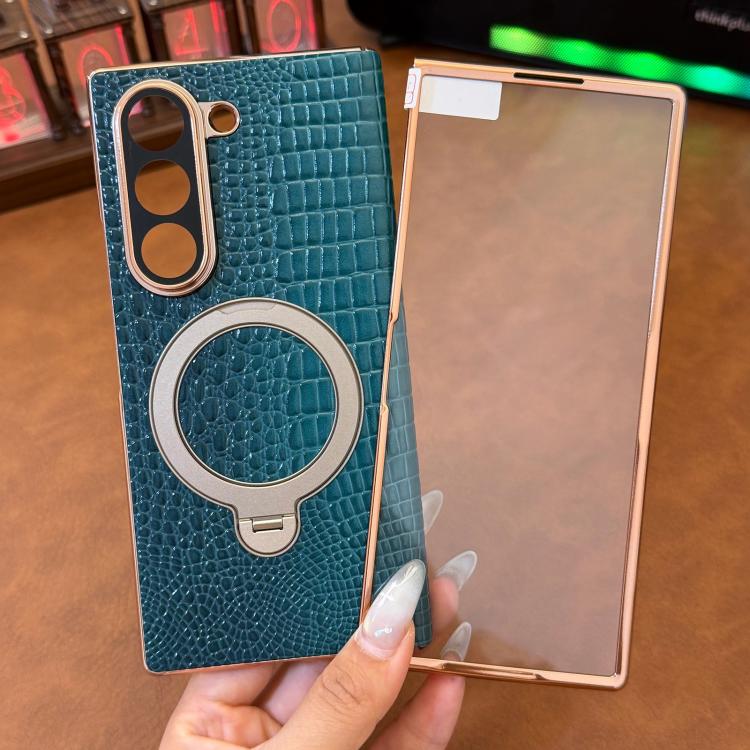 Custodia per telefono con supporto girevole e texture effetto coccodrillo integrata in vera pelle., For Galaxy Z Fold7 5G, For Galaxy Z Fold6, For Galaxy Z Fold5