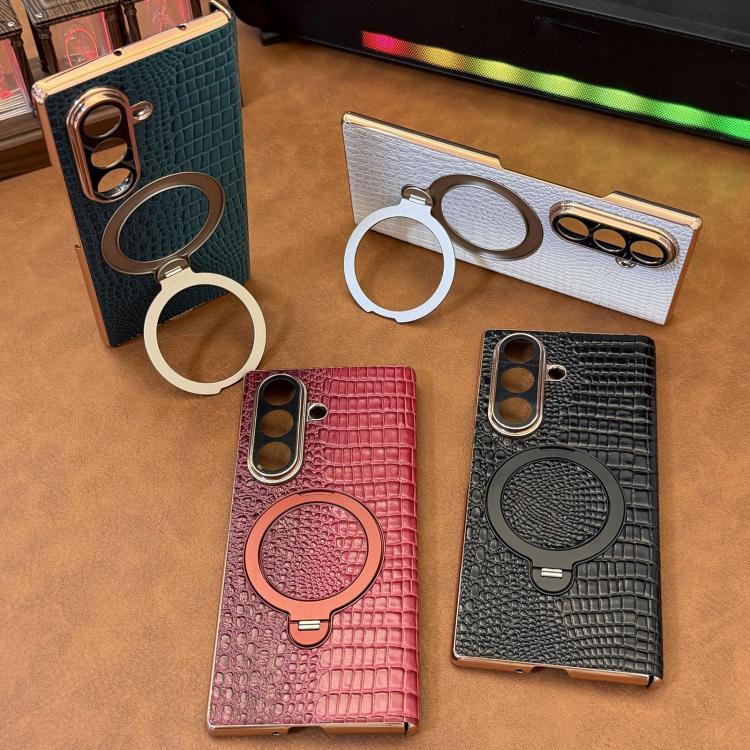 Custodia per telefono con supporto girevole e texture effetto coccodrillo integrata in vera pelle., For Galaxy Z Fold7 5G, For Galaxy Z Fold6, For Galaxy Z Fold5