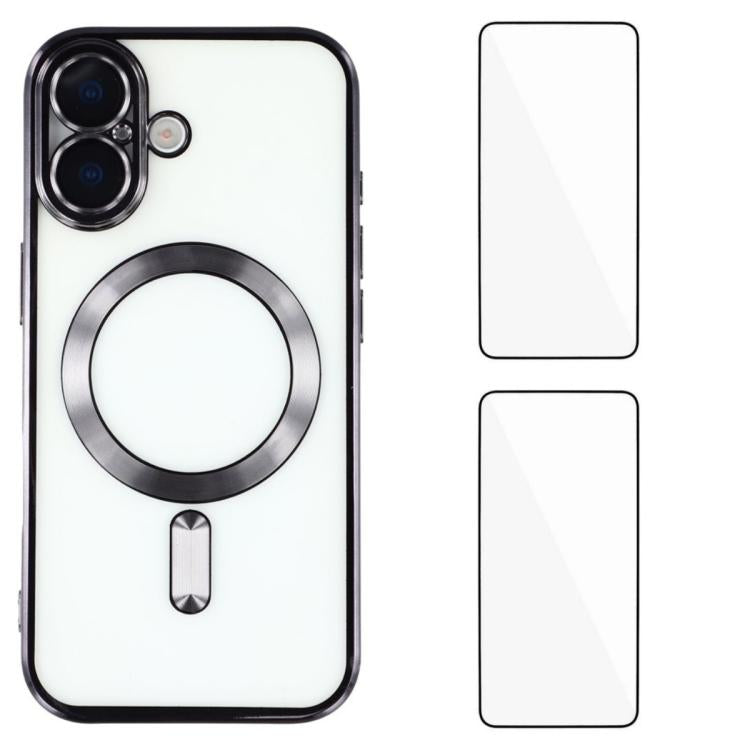 Custodia per telefono WANLONFENG CD magnetica in TPU galvanizzato con 2 pellicole protettive per lo schermo, For iPhone 16, For iPhone 15 Pro Max, For iPhone 15 Pro