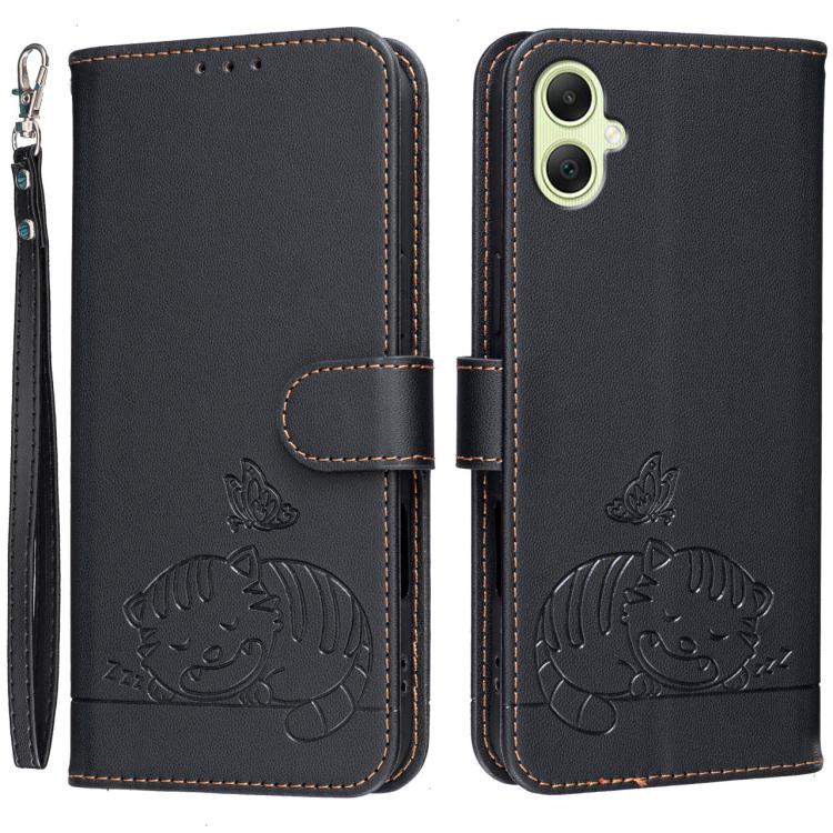 Custodia per telefono in ecopelle con cinturino e stampa a rilievo di gatto e farfalla, con protezione RFID., For Galaxy A35 5G, For Galaxy A05, For Galaxy A05s