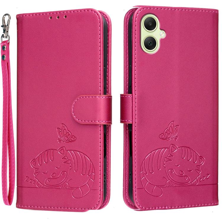 Custodia per telefono in ecopelle con cinturino e stampa a rilievo di gatto e farfalla, con protezione RFID., For Galaxy A35 5G, For Galaxy A05, For Galaxy A05s