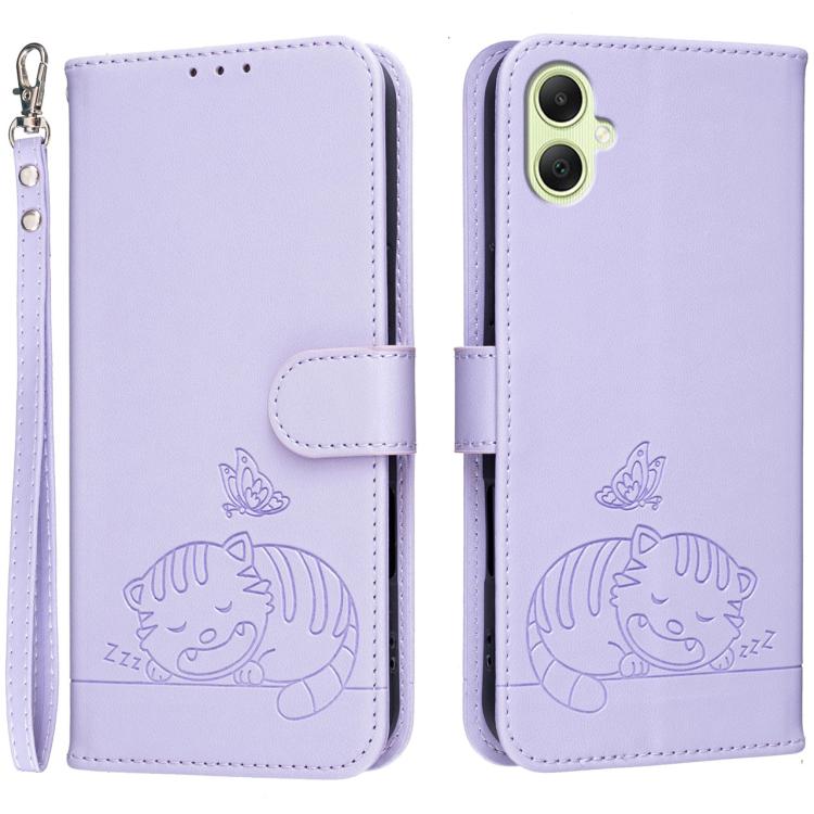 Custodia per telefono in ecopelle con cinturino e stampa a rilievo di gatto e farfalla, con protezione RFID., For Galaxy A35 5G, For Galaxy A05, For Galaxy A05s