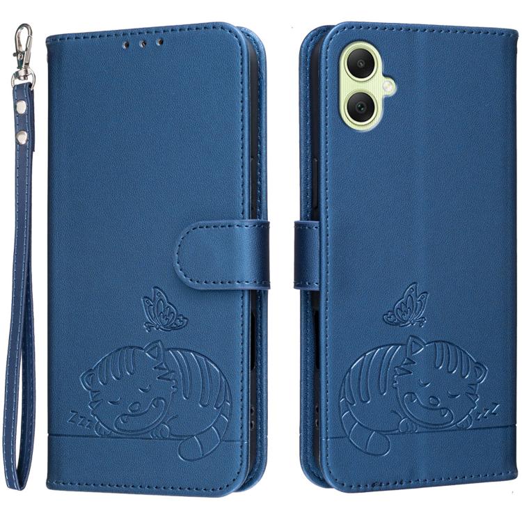 Custodia per telefono in ecopelle con cinturino e stampa a rilievo di gatto e farfalla, con protezione RFID., For Galaxy A35 5G, For Galaxy A05, For Galaxy A05s