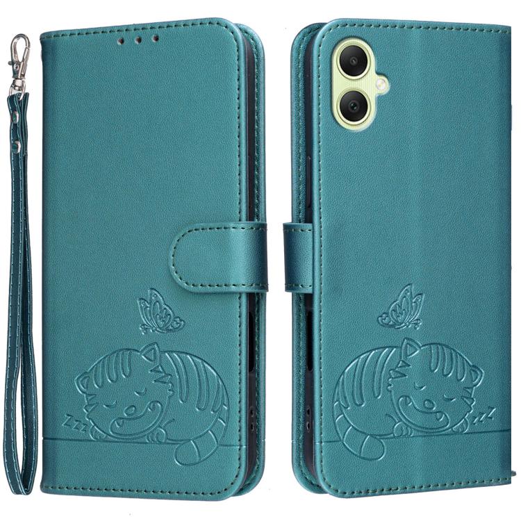 Custodia per telefono in ecopelle con cinturino e stampa a rilievo di gatto e farfalla, con protezione RFID., For Galaxy A35 5G, For Galaxy A05, For Galaxy A05s