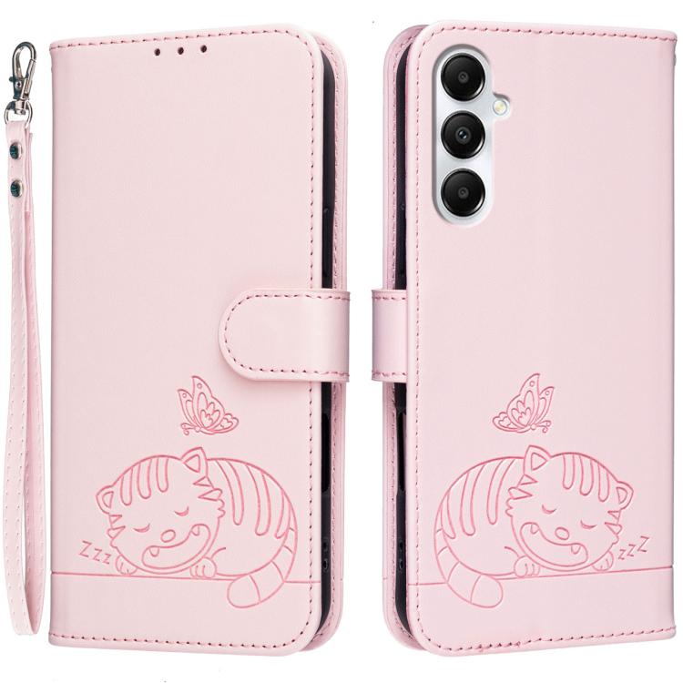 Custodia per telefono in ecopelle con cinturino e stampa a rilievo di gatto e farfalla, con protezione RFID., For Galaxy A35 5G, For Galaxy A05, For Galaxy A05s