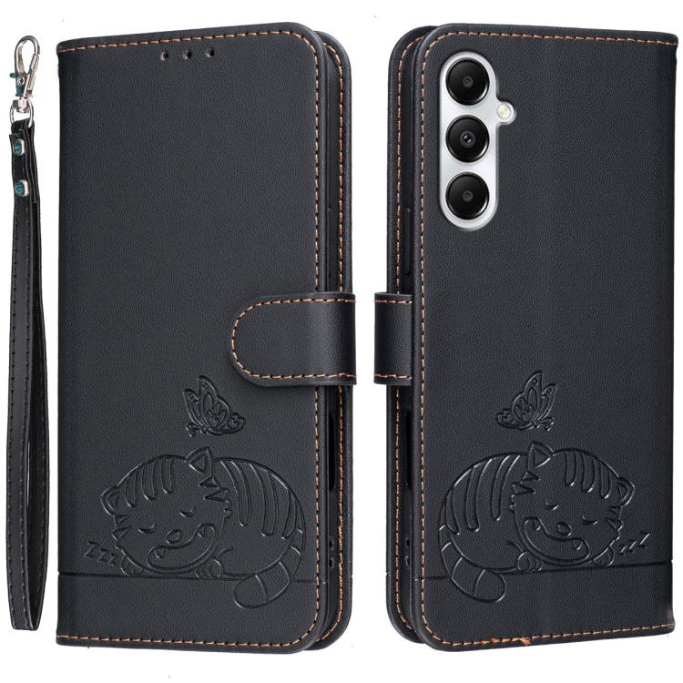 Custodia per telefono in ecopelle con cinturino e stampa a rilievo di gatto e farfalla, con protezione RFID., For Galaxy A35 5G, For Galaxy A05, For Galaxy A05s