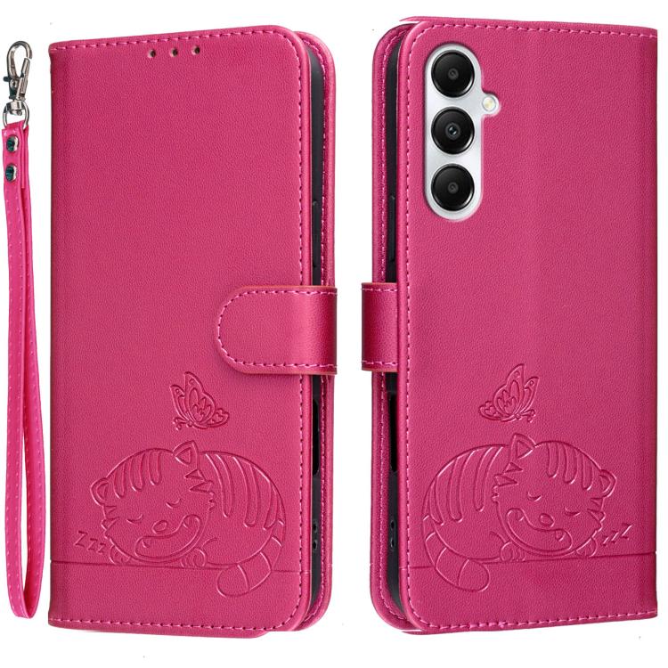 Custodia per telefono in ecopelle con cinturino e stampa a rilievo di gatto e farfalla, con protezione RFID., For Galaxy A35 5G, For Galaxy A05, For Galaxy A05s