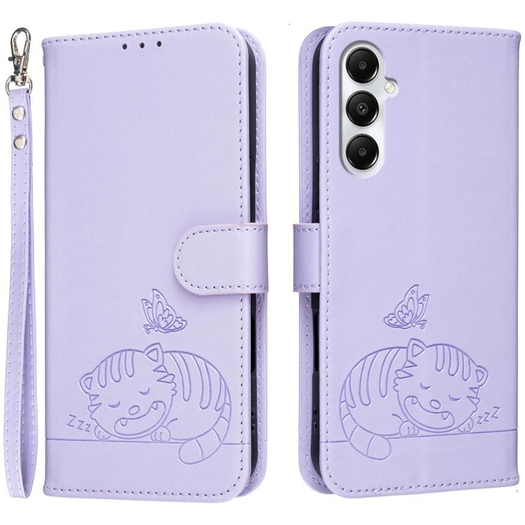 Custodia per telefono in ecopelle con cinturino e stampa a rilievo di gatto e farfalla, con protezione RFID., For Galaxy A35 5G, For Galaxy A05, For Galaxy A05s