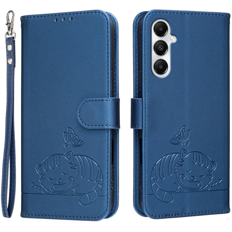 Custodia per telefono in ecopelle con cinturino e stampa a rilievo di gatto e farfalla, con protezione RFID., For Galaxy A35 5G, For Galaxy A05, For Galaxy A05s