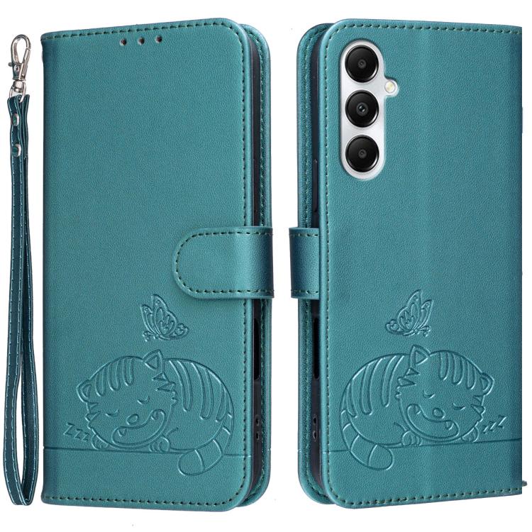 Custodia per telefono in ecopelle con cinturino e stampa a rilievo di gatto e farfalla, con protezione RFID., For Galaxy A35 5G, For Galaxy A05, For Galaxy A05s