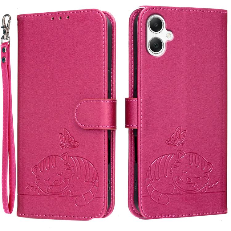 Custodia per telefono in ecopelle con cinturino e stampa a rilievo di gatto e farfalla, con protezione RFID., For Galaxy A07 5G / 4G, For Galaxy A17 5G, For Galaxy A06 5G / 4G