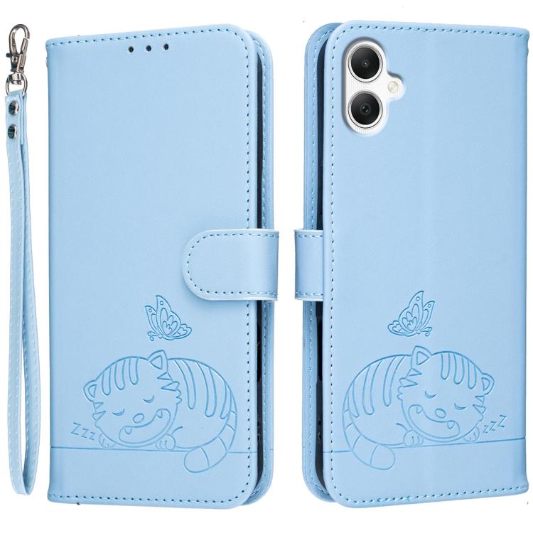 Custodia per telefono in ecopelle con cinturino e stampa a rilievo di gatto e farfalla, con protezione RFID., For Galaxy A07 5G / 4G, For Galaxy A17 5G, For Galaxy A06 5G / 4G