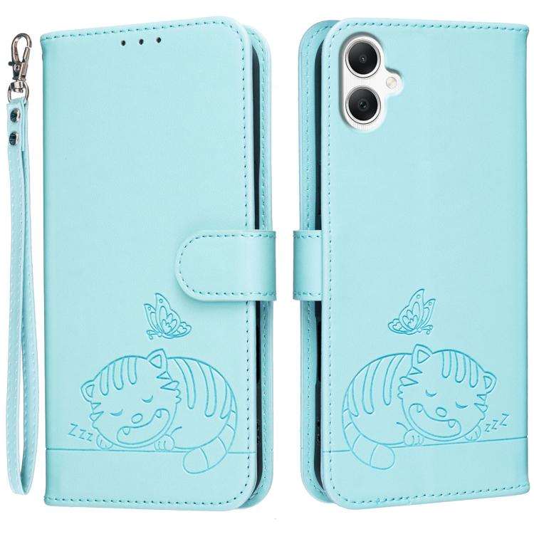 Custodia per telefono in ecopelle con cinturino e stampa a rilievo di gatto e farfalla, con protezione RFID., For Galaxy A07 5G / 4G, For Galaxy A17 5G, For Galaxy A06 5G / 4G