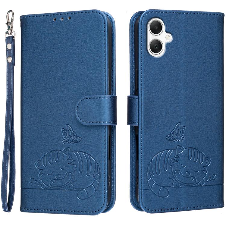 Custodia per telefono in ecopelle con cinturino e stampa a rilievo di gatto e farfalla, con protezione RFID., For Galaxy A07 5G / 4G, For Galaxy A17 5G, For Galaxy A06 5G / 4G