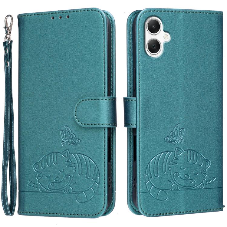 Custodia per telefono in ecopelle con cinturino e stampa a rilievo di gatto e farfalla, con protezione RFID., For Galaxy A07 5G / 4G, For Galaxy A17 5G, For Galaxy A06 5G / 4G