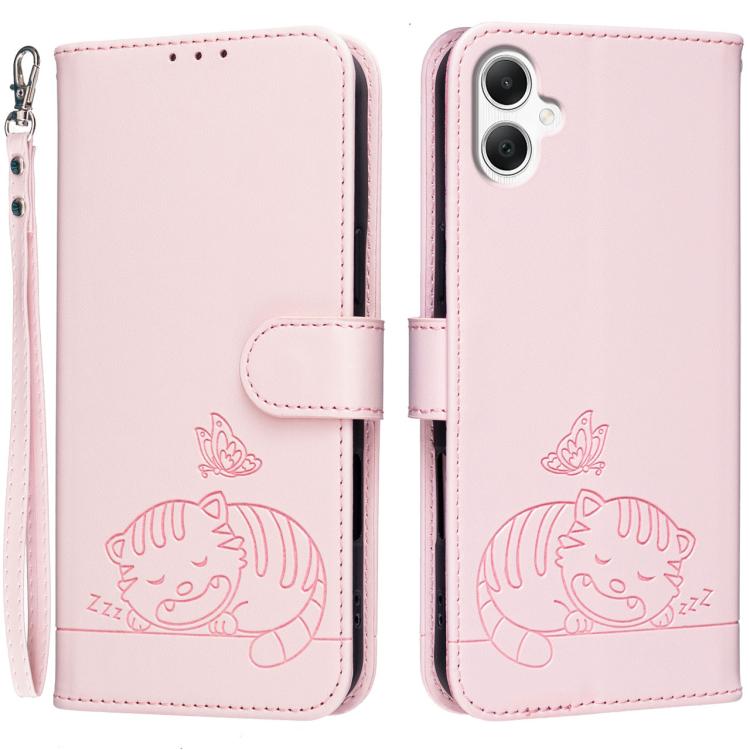Custodia per telefono in ecopelle con cinturino e stampa a rilievo di gatto e farfalla, con protezione RFID., For Galaxy A07 5G / 4G, For Galaxy A17 5G, For Galaxy A06 5G / 4G