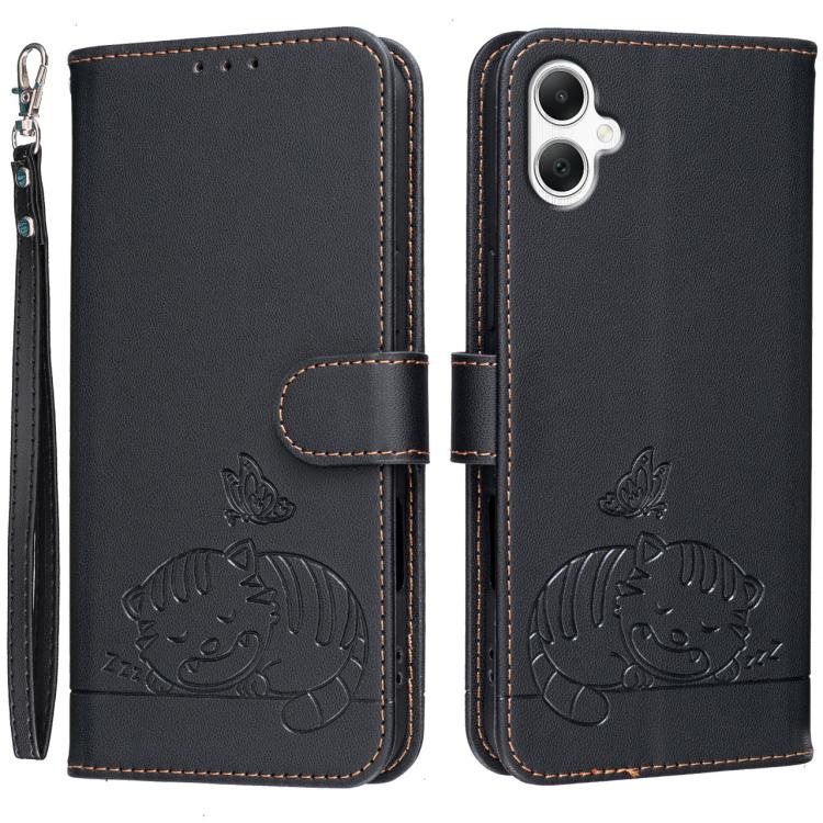 Custodia per telefono in ecopelle con cinturino e stampa a rilievo di gatto e farfalla, con protezione RFID., For Galaxy A07 5G / 4G, For Galaxy A17 5G, For Galaxy A06 5G / 4G