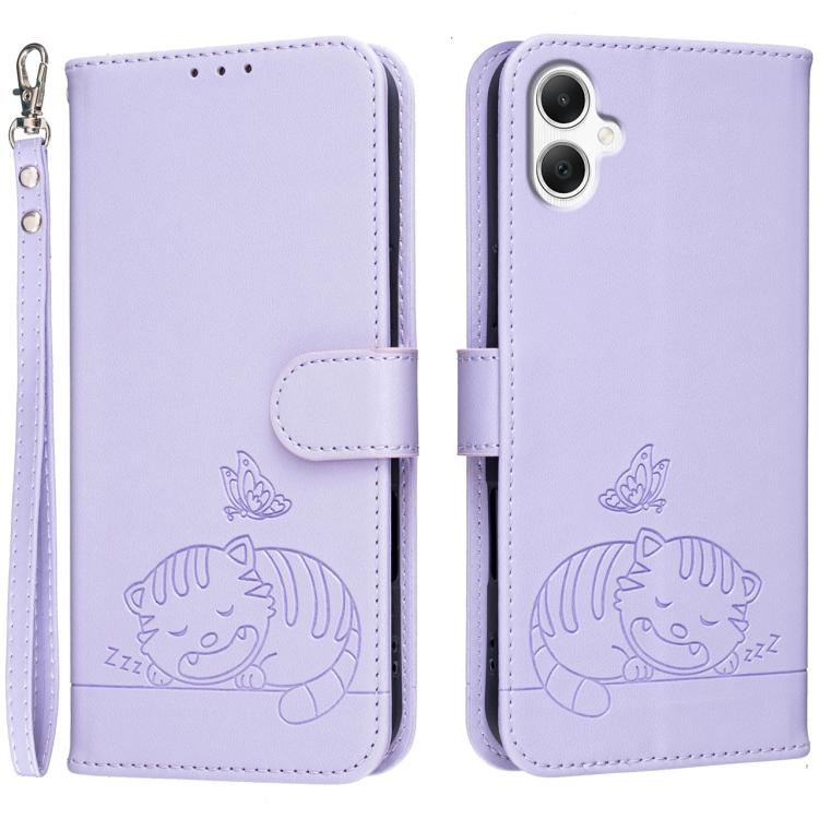 Custodia per telefono in ecopelle con cinturino e stampa a rilievo di gatto e farfalla, con protezione RFID., For Galaxy A07 5G / 4G, For Galaxy A17 5G, For Galaxy A06 5G / 4G
