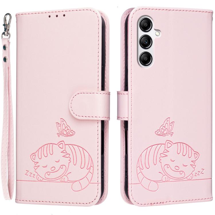 Custodia per telefono in ecopelle con cinturino e stampa a rilievo di gatto e farfalla, con protezione RFID., For Galaxy A54 5G, For Galaxy A14 5G