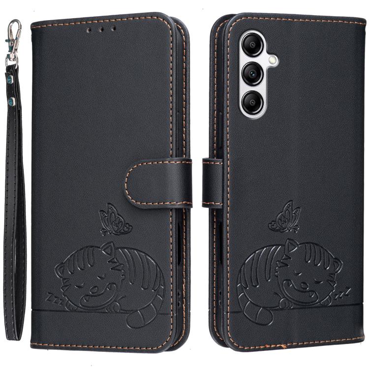 Custodia per telefono in ecopelle con cinturino e stampa a rilievo di gatto e farfalla, con protezione RFID., For Galaxy A54 5G, For Galaxy A14 5G
